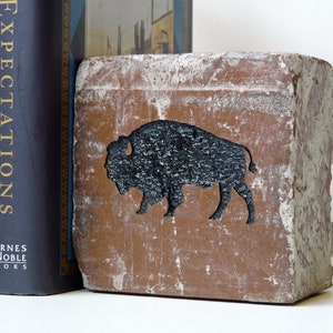 May include: A rectangular, reddish-brown bookend with a black bison silhouette. The bookend has a textured, weathered appearance and is positioned next to the spines of two dark blue books.