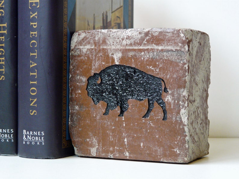 May include: A rectangular, reddish-brown bookend with a black bison silhouette. The bookend has a textured, weathered appearance and is positioned next to the spines of two dark blue books.