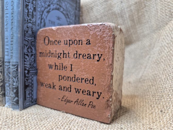 Engraved Edgar Allan Poe Brick Bookend: Raven Poem Decor