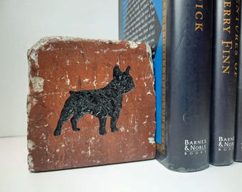 French Bulldog Silhouette Engraved Half Red Brick Bookend Shelf Décor