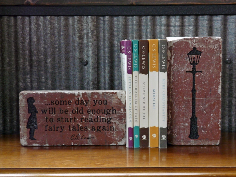 May include: A display of C.S. Lewis books and decorative brick art. The books have white spines with colorful text. One brick features a silhouette and quote: "...some day you will be old enough to start reading fairy tales again." Another brick has a lamp post.