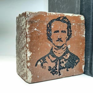 Edgar Allan Poe Portrait Engraved Red Decorative Brick Bookend