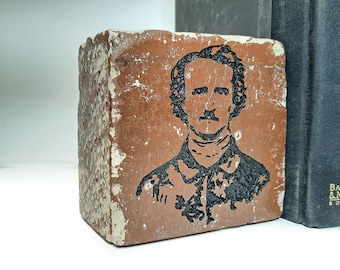 Edgar Allan Poe Portrait Engraved Red Decorative Brick Bookend