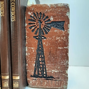 Brick Bookend With American Prairie Windmill Silhouette Shelf Décor