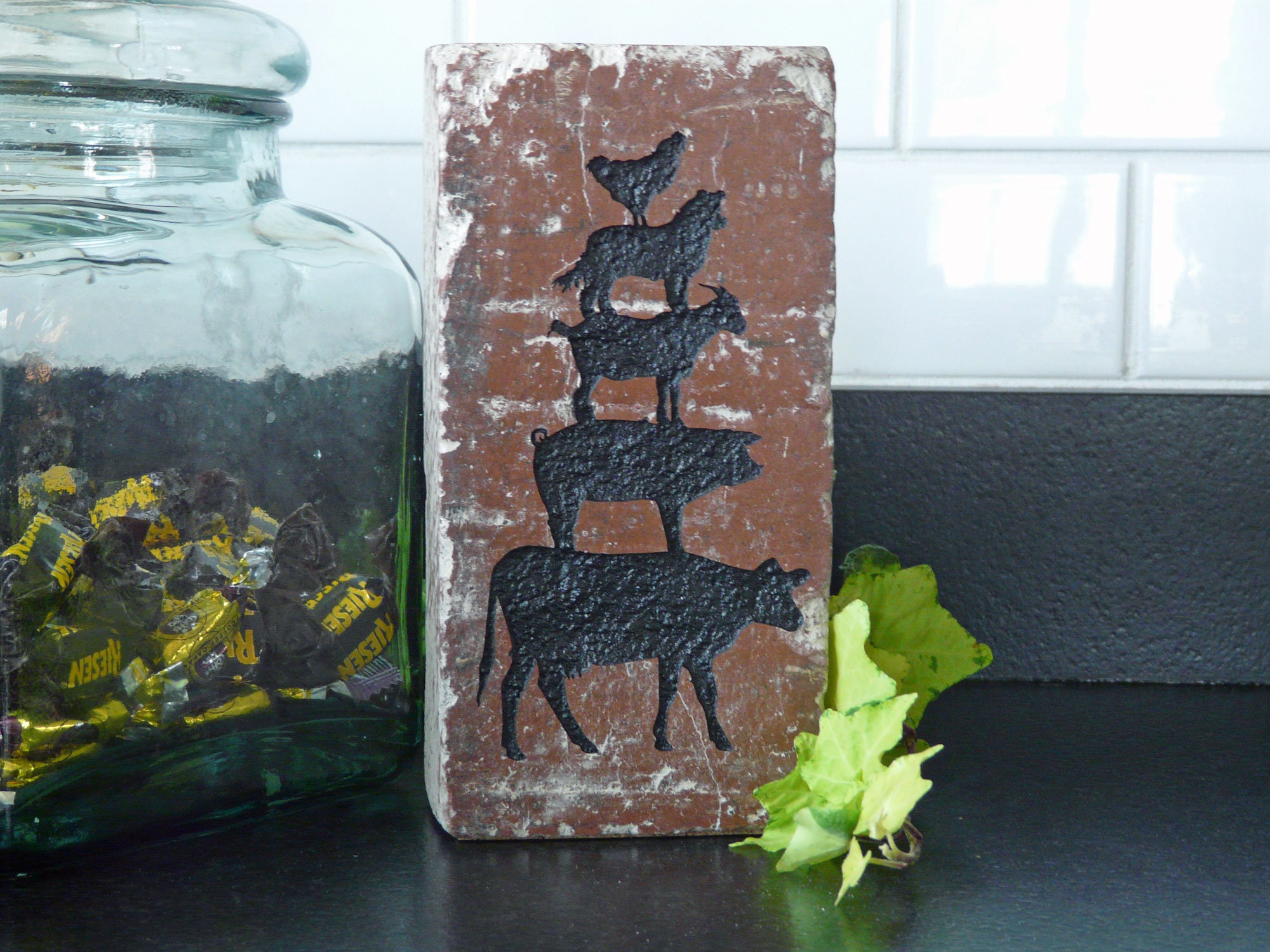 Farmhouse Animals Stacked Silhouettes Engraved Brick Décor
