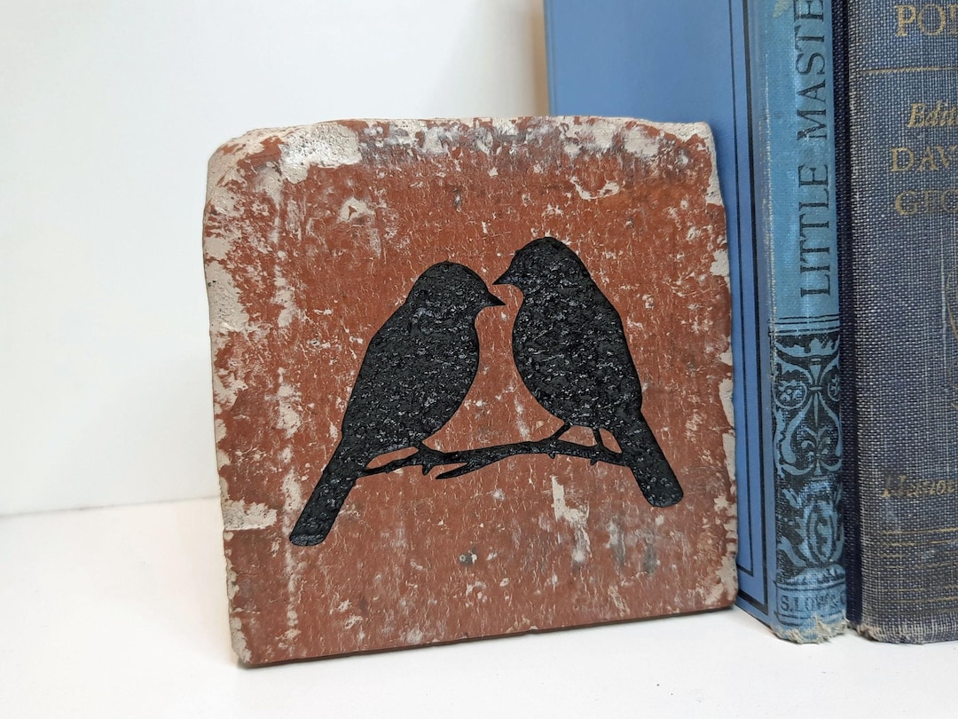 Two Song Birds On A Branch Silhouette Engraved Half Red Brick Bookend Shelf Décor