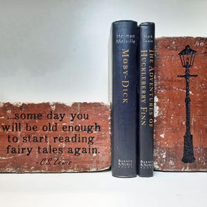 May include: A decorative bookend set featuring two classic novels, "Moby Dick" and "The Adventures of Huckleberry Finn", and two brick-shaped bookends. One bookend has a silhouette of a girl and a quote. The other has a black lamp post design.