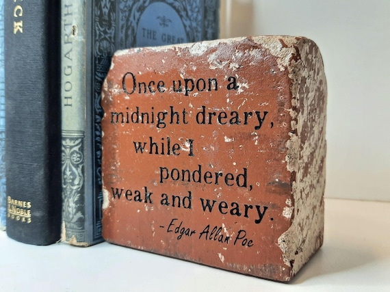 Engraved Edgar Allan Poe Brick Bookend: Raven Poem Decor
