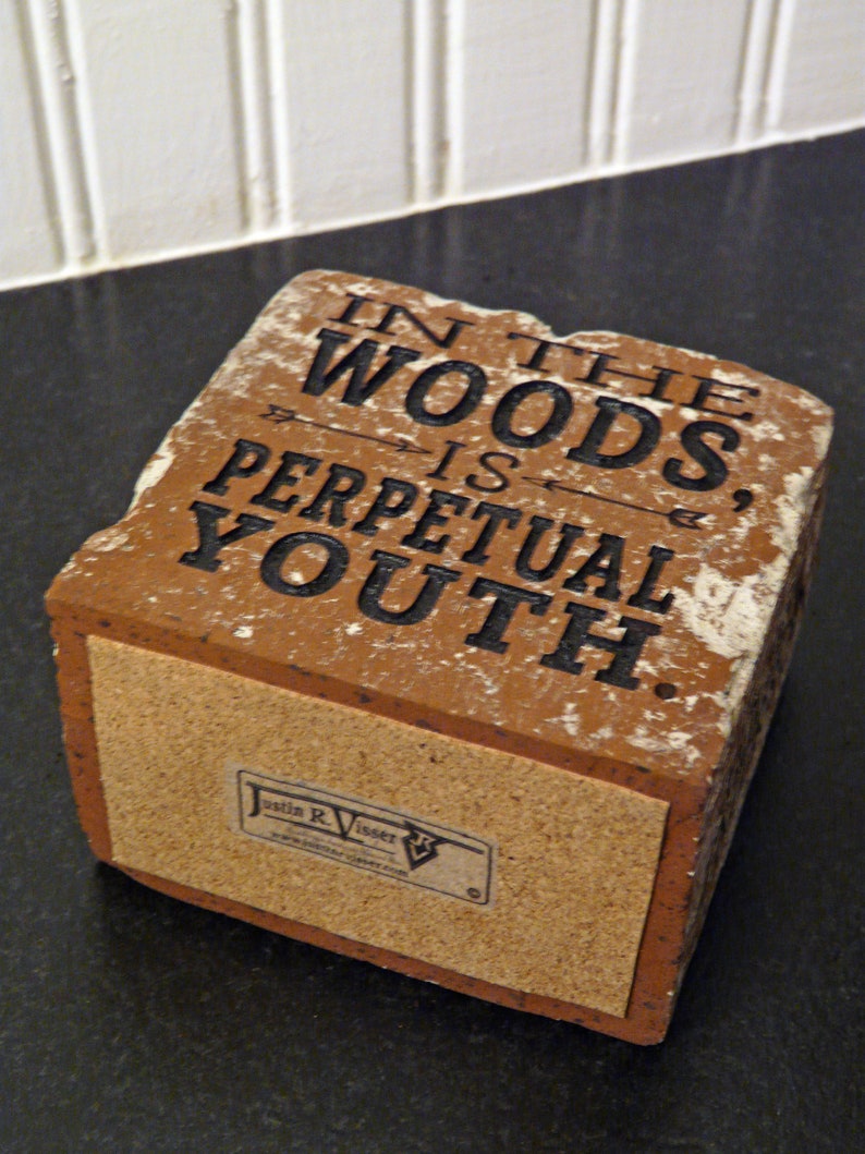 Puede incluir: Ladrillo rectangular desgastado con la cita "IN THE WOODS IS PERPETUAL YOUTH" en letras negras. El ladrillo tiene una base de corcho y una peque&ntilde;a etiqueta con un nombre y un sitio web.