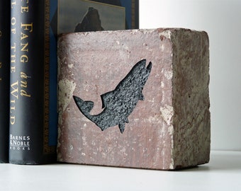 Jumping Trout Silhouette Engraved Half Red Brick Bookend Shelf Décor