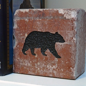 Black Bear Silhouette Engraved Half Red Brick Bookend Shelf Décor