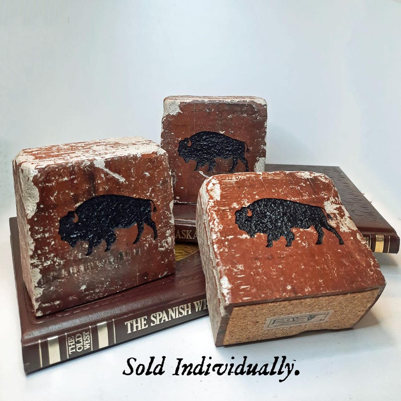 May include: Three rustic, rectangular bookends with a distressed brick-like appearance. Each bookend features a black silhouette of a bison. The bookends are displayed on top of vintage books with gold lettering.