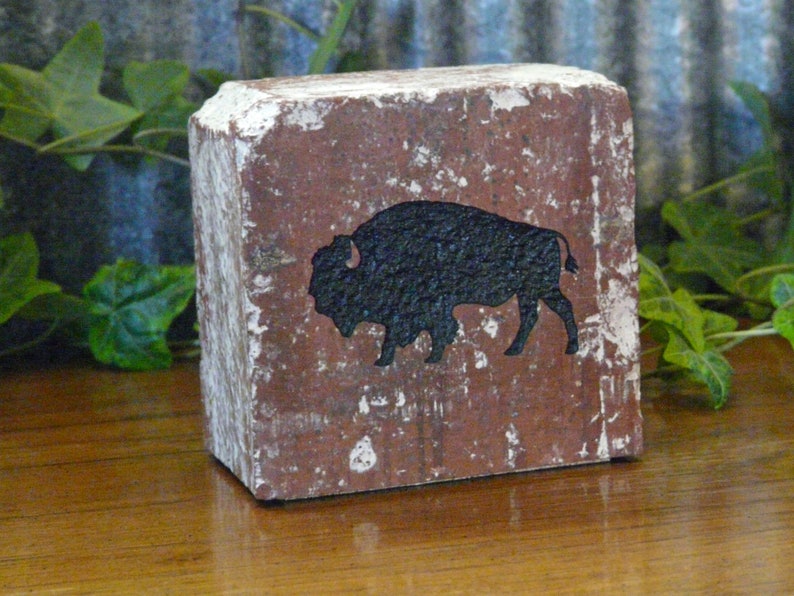 May include: A rustic, rectangular block with a distressed, reddish-brown surface and white paint accents. A black silhouette of a bison is featured on the front. The block is likely made of wood and has a weathered appearance.