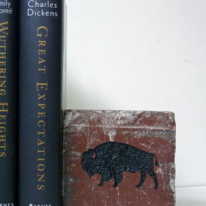 May include: Two dark blue books, "Wuthering Heights" and "Great Expectations", stand next to a brick-like bookend. The bookend is reddish-brown with a black bison silhouette.