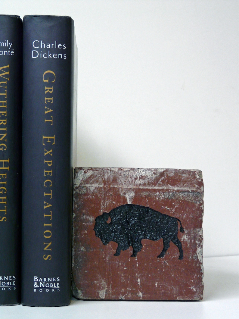 May include: Two dark blue books, "Wuthering Heights" and "Great Expectations", stand next to a brick-like bookend. The bookend is reddish-brown with a black bison silhouette.