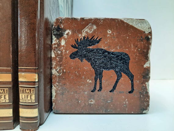 Moose Silhouette Engraved Half Red Brick Bookend Shelf Décor