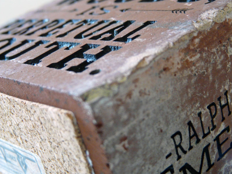 Puede incluir: Primer plano de un ladrillo rectangular y desgastado con las palabras "PERPETUAL YOUTH" talladas en la superficie. El ladrillo es de color marr&oacute;n rojizo con una base de corcho. Tambi&eacute;n es visible el texto "-RALPH ME".