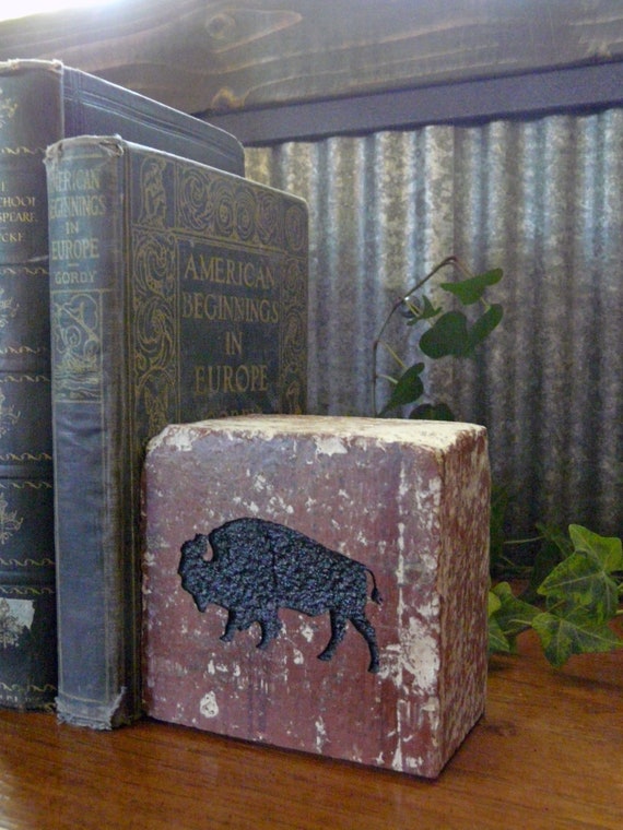 American Buffalo Bison Silhouette Engraved Half Red Brick Bookend Shelf Decor