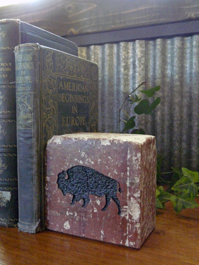 May include: A rustic, rectangular bookend with a distressed red finish and a black buffalo silhouette. The bookend is positioned between two antique books with gold lettering, creating a vintage aesthetic.