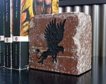 Flying Griffin Silhouette Engraved Half Red Brick Bookend Shelf Decor