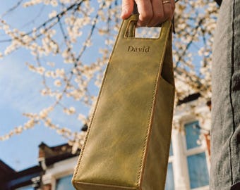 Wine Bottle Carrier Bag, Engraved Bottle Holder,  Leather Wine Bag