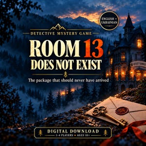 以下が含まれることがあります： Room 13 Does Not Existというタイトルのデジタル探偵ミステリーゲーム。暗い山々の風景、邸宅、金の鍵とワックスシールが付いた封筒が描かれています。テキストにはEnglish + Ukrainian、1-4 players、ages 18+と記載されています。