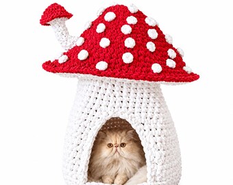 かぎ針編みのキノコ型猫小屋、手作りの猫用洞窟、居心地の良いキノコ型猫用ベッド、かわいいペット用隠れ家、風変わりな猫用家具、赤と白の猫用シェルター