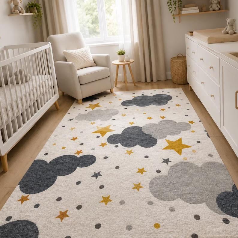 Custom Rugs For Baby Hand Tufted Nursery Rug, Cloud and Stars Kids Area Rug, Ivory Grey ...