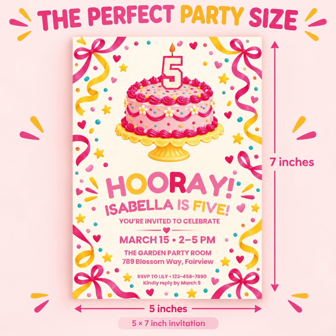 Cake Event Invite 5th Birthday Invitation, Editable Canva Pink Cake Party Invite ...