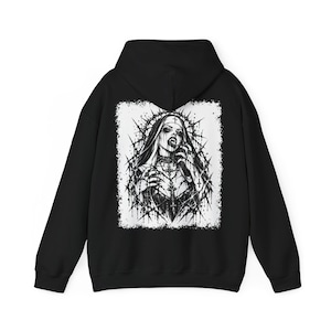 Blood Rosary Nun Back Print Hoodie, Gothic Vampire Nun Sweatshirt, Distressed Patch Horror Art, Goth Alt Emo Metal Clothing