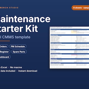 May include: A digital Maintenance Starter Kit Excel CMMS template from Gridwrench Studio. The graphic features white text on a dark blue background, listing Work Orders, PM Schedule, Asset Register, Spare Parts, and KPI Dashboard, with a sample dashboard image.