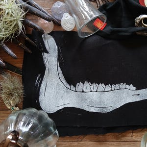 Jaw bone patch, punk patch, linoleum print, japanese white on black, goth patch, bones, oddities, taxidermy