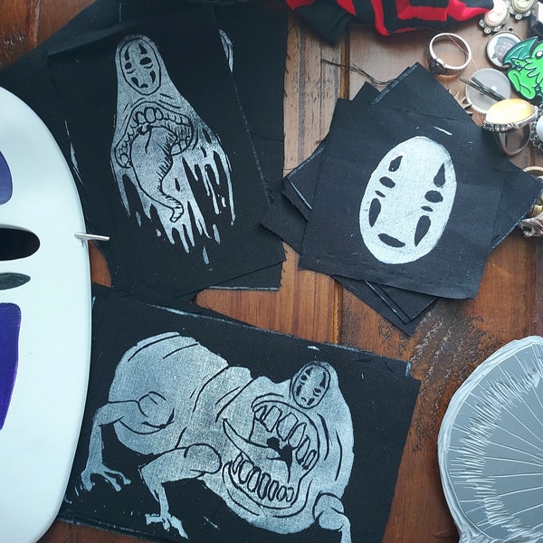 NO FACE patches, punk patch, linoleum print, white on black, goth patch, spirit away, miyazaki,hayao miyazaki, studio ghibli