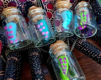 Tentacle necklace, bottle tentacle, pendant, tentacle pendant, kawaii, goth, oddity, edwardian case, neon tentacle, weird