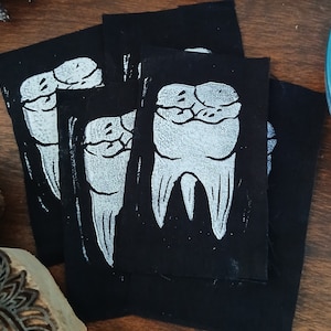 Tooth patches, punk patch, linoleum print, white on black, goth patch, spirit away,punk patch, goth patch lino print, studio ghibli, cottage