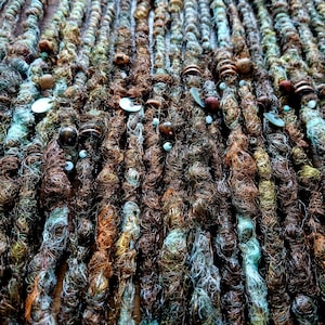 SE single ended dreads, Woodland Spirit, brunette, mint green, forest dreads, ginger dreads, brown dreads, wooden beads, shell, glass