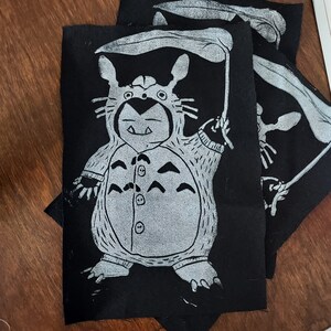 Snorlax Totoro kigurumi patch, punk patch, linoleum print, japanese, pokemon, my neighbor Totoro, white on black, goth patch, studio ghibli