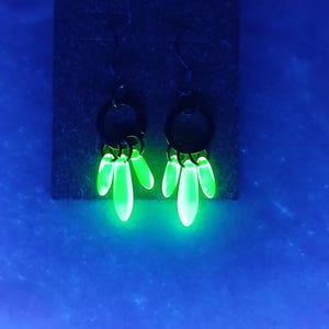 May include: A pair of black dangle earrings with a glowing neon green design. Each earring features a black circular top with three neon green, teardrop-shaped accents. The earrings are displayed against a dark gray background.