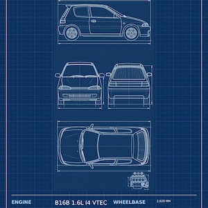 May include: A blue technical blueprint of the EK9 Hot Hatch, featuring four-view line drawings, engine diagram, and specifications including 185 HP, 118 lb-ft torque, 1,595 cc displacement, 2,620 mm wheelbase, 4,185 mm length, and 1,070 kg curb weight.