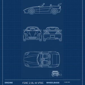 May include: A blue technical blueprint of an AP1 9000-RPM Roadster, 1999-2009, Japan. Includes side, front, rear, and top views, plus engine diagram. Text lists F20C 2.0L I4 VTEC engine, 240 HP, 153 lb-ft torque, 6-speed manual, and vehicle specs.