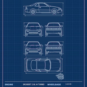 May include: A blue technical blueprint of an S14 Turbo Coupe, featuring four-view diagrams, engine specifications, and technical data including 220 HP, 203 lb-ft of torque, and a 5-speed manual transmission, dated 1993-1998 from Japan.