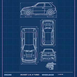 May include: A blue technical blueprint of the RNN14 AWD Hot Hatch, featuring side, top, front, and rear views with engine details. Text includes RNN14 AWD HOT HATCH, 1990-1994, JAPAN, and technical specifications like 230 HP and 210 LB-FT.