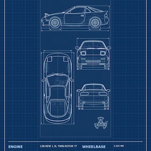 Peut inclure: Une affiche de plan technique bleu intitulée FD3S TWIN-ROTOR COUPE 1992-2002 JAPAN. Elle présente des dessins au trait de la voiture sous quatre angles, incluant les vues latérale, frontale, arrière et de dessus, avec des spécifications techniques.
