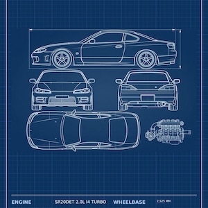 May include: A blue technical blueprint of an S15 Turbo Drift Coupe featuring side, front, rear, and top views, along with an engine diagram. The text includes specifications like 250 HP, 202 lb-ft of torque, and a 6-speed manual transmission.