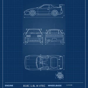 May include: A blue technical blueprint of a DC2 FWD Performance Coupe from 1995-2001. The print displays four-view line drawings of the car, including side, front, rear, and top profiles, alongside engine specifications and technical data.