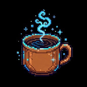 May include: A pixel art illustration of a brown mug filled with a dark liquid. The mug features a glowing blue outline and emits a swirling blue steam vapour. Small blue pixelated sparkles and stars surround the mug against a black background.