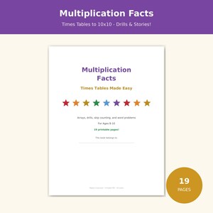 May include: A printable educational document titled Multiplication Facts: Times Tables Made Easy. The page features a row of nine colorful stars, text detailing arrays, drills, skip counting, and word problems for ages 8-10, and 19 printable pages.