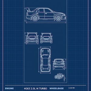 May include: A blue technical blueprint titled CP9A AWD RALLY SEDAN 1999-2001 JAPAN. It features white line drawings of a sedan from side, front, rear, and top views, plus an engine diagram and technical specifications including 276 HP and 275 LB-FT.