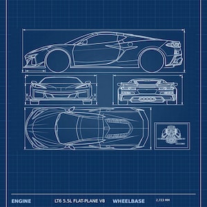 May include: A blue technical blueprint of a C8 Mid-Engine Coupe featuring four views of the car, engine details, and specifications including a 5.5L V8 engine, 670 HP, 460 lb-ft of torque, 8-speed DCT, 2,723 mm wheelbase, and 1,662 kg kerb weight.