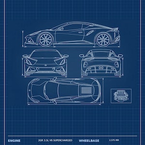 May include: A blue technical blueprint of a Type 131 mid-engine coupe, featuring side, front, rear, and top views. The print includes technical specifications such as a 3.5L V6 supercharged engine, 400 HP, 310 lb-ft of torque, and a 6-speed manual transmission.